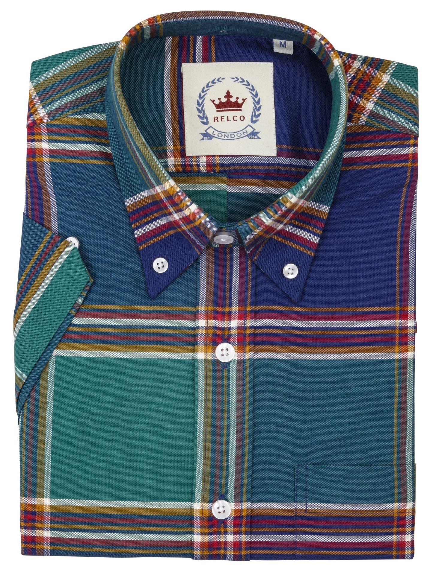 Relco Mens Green Navy Checked Short Sleeved Button Down Shirts