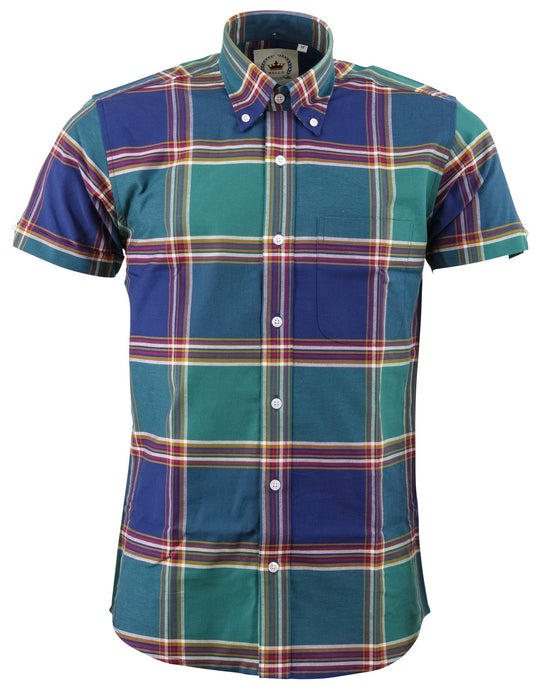 Relco Mens Green Navy Checked Short Sleeved Button Down Shirts