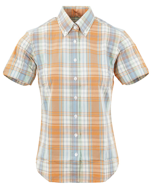 Relco Ladies Retro Orange/Sky Check Button Down Short Sleeved Shirts