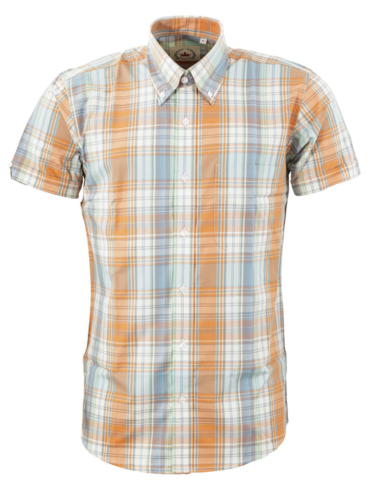 Relco Mens Orange/Sky Check Short Sleeved Vintage/Retro Button Down Shirts