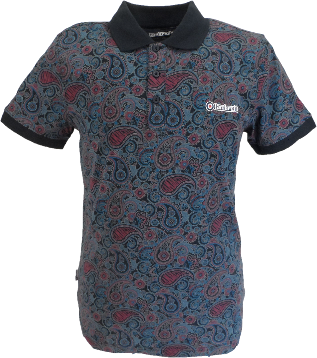 Lambretta Navy Grape Brown Paisley Print Polo Shirts Mazeys UK