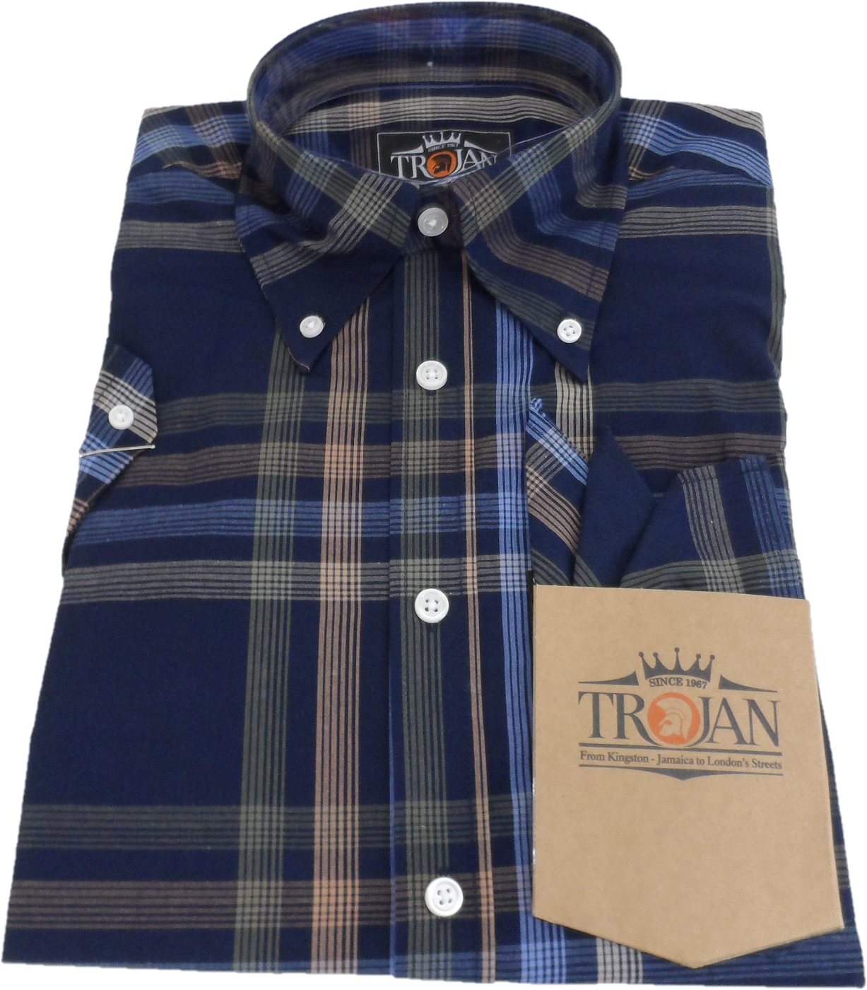 Trojan Mens Navy Check 100% Cotton Short Sleeved Shirts and Pocket Square