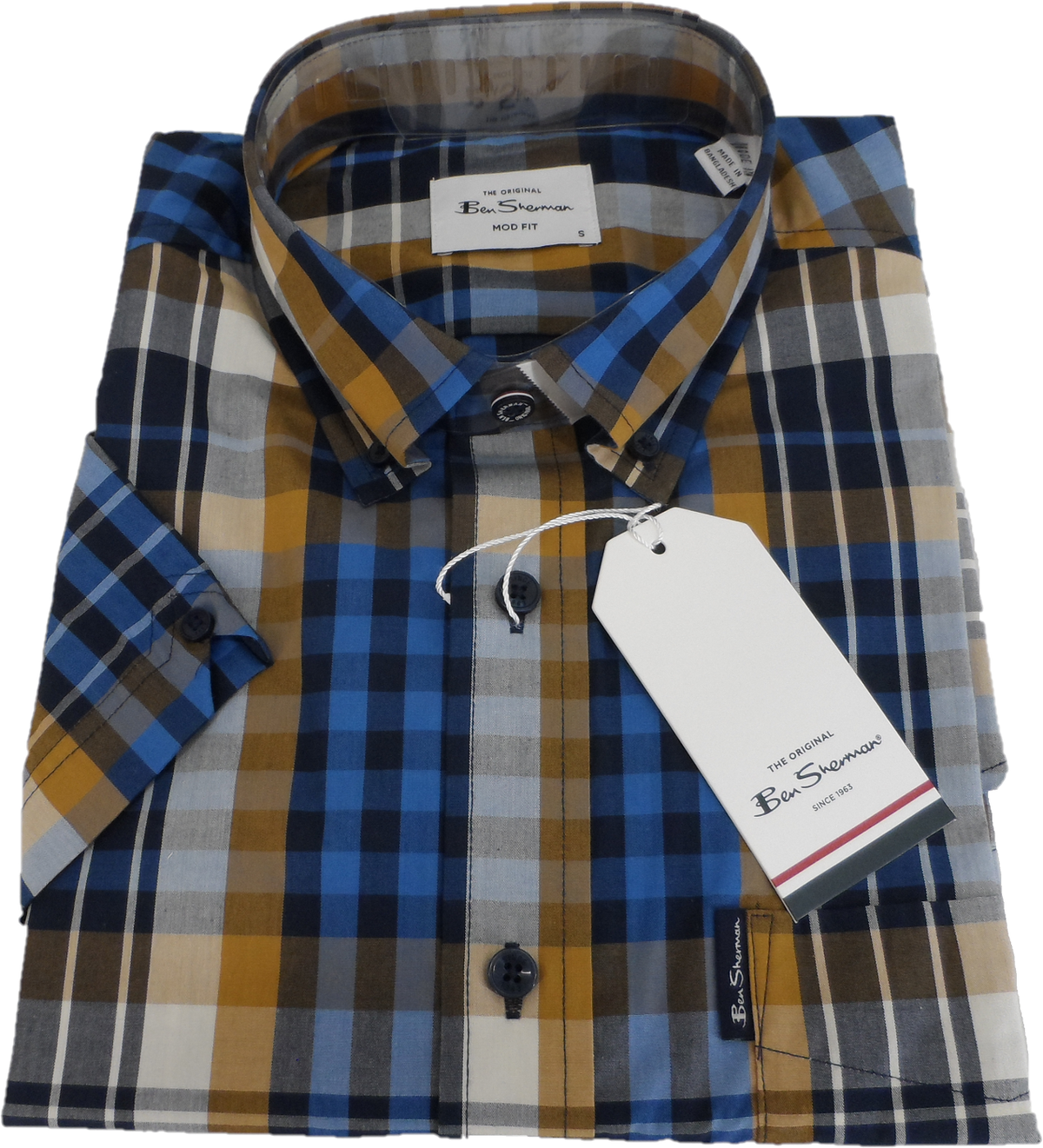Ben Sherman Mens Lapis Blue Checked Short Sleeved Shirt