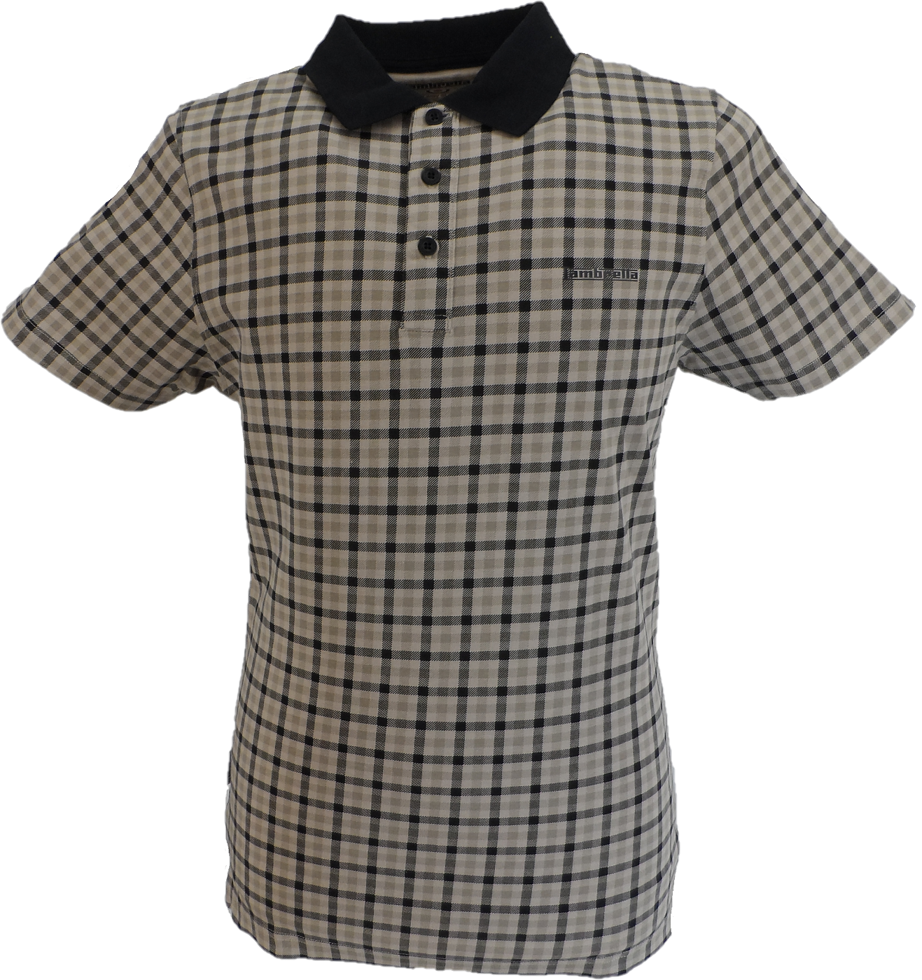 Lambretta Mens Stone/Brown Gingham Tipped Polo Shirts