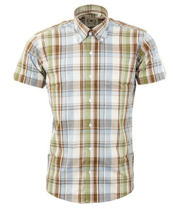 Relco Mens Sky/Green/Brown Multi Check Short Sleeved Button Down Shirts