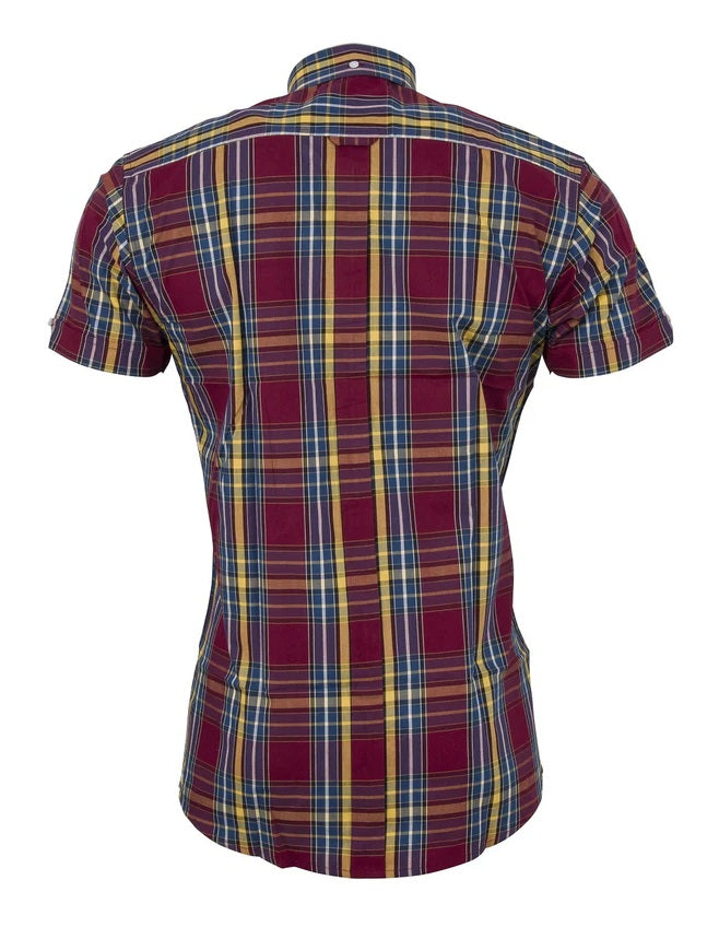 Relco Ladies Retro Burgundy/Yellow/Blue Check Button Down Short Sleeved Shirts