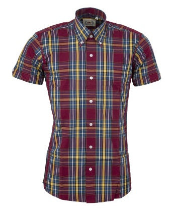 Relco Mens Burgundy/Yellow/Blue Multi Check Short Sleeved Button Down Shirts