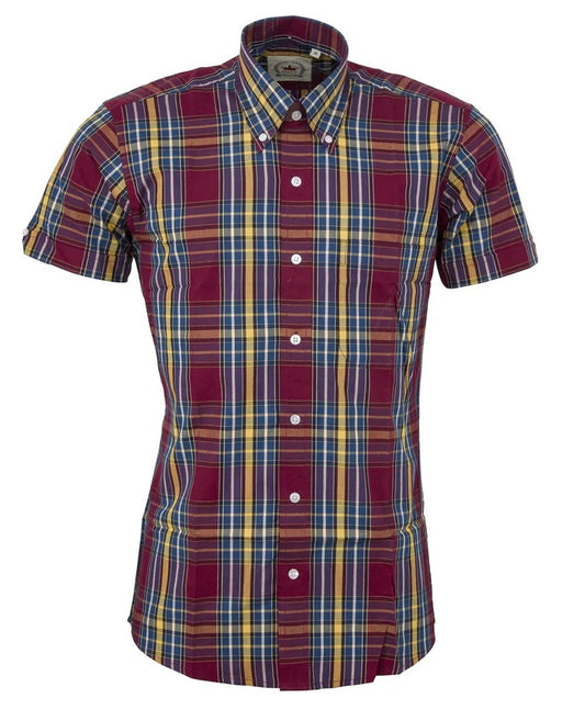 Relco Ladies Retro Burgundy/Yellow/Blue Check Button Down Short Sleeved Shirts