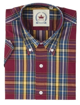Relco Mens Burgundy/Yellow/Blue Multi Check Short Sleeved Button Down Shirts