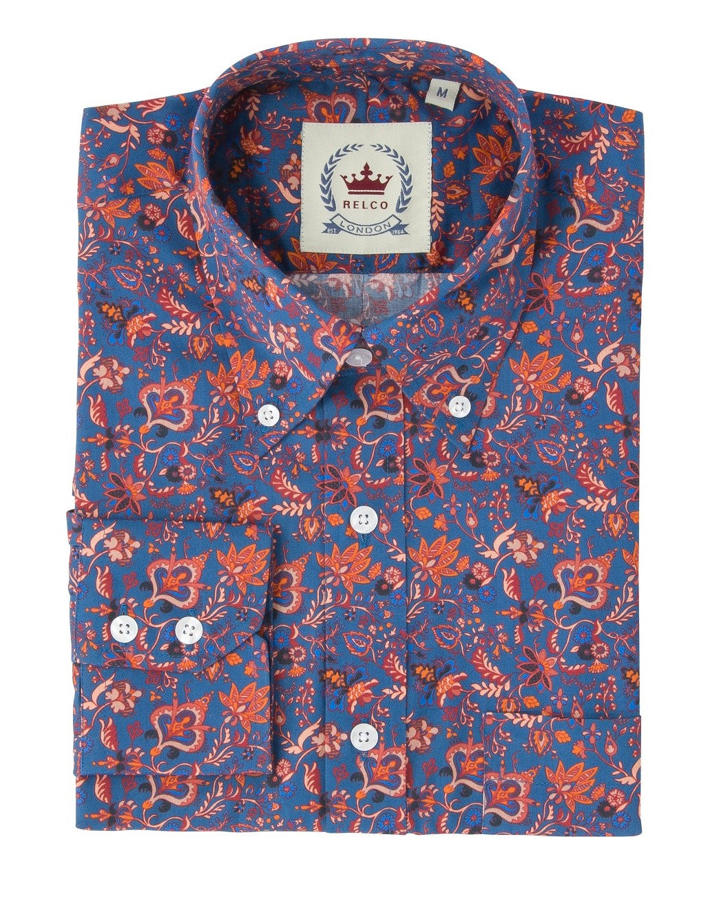 Relco Blue Floral Long Sleeved Retro Mod Button Down Shirt