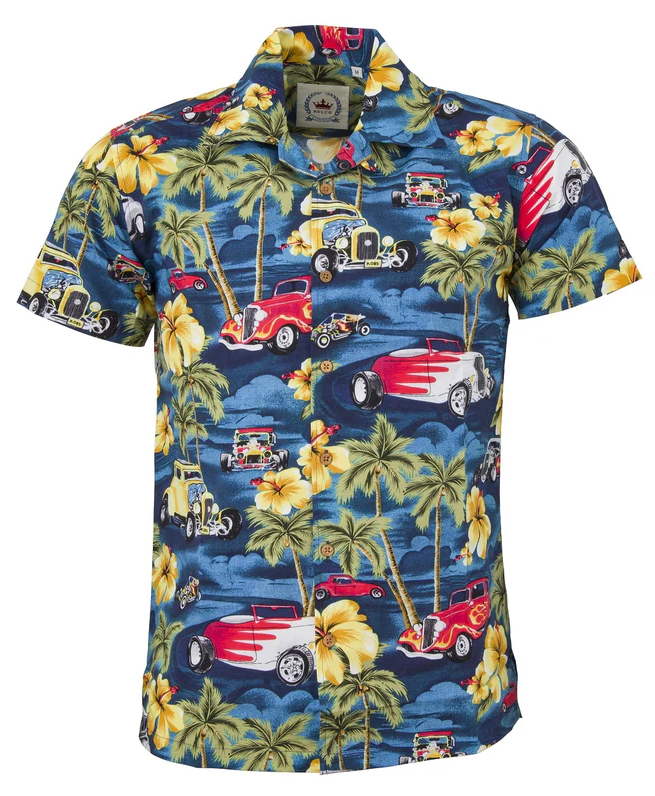 Relco Mens Retro Car Print Hawaiian Bowling Shirt