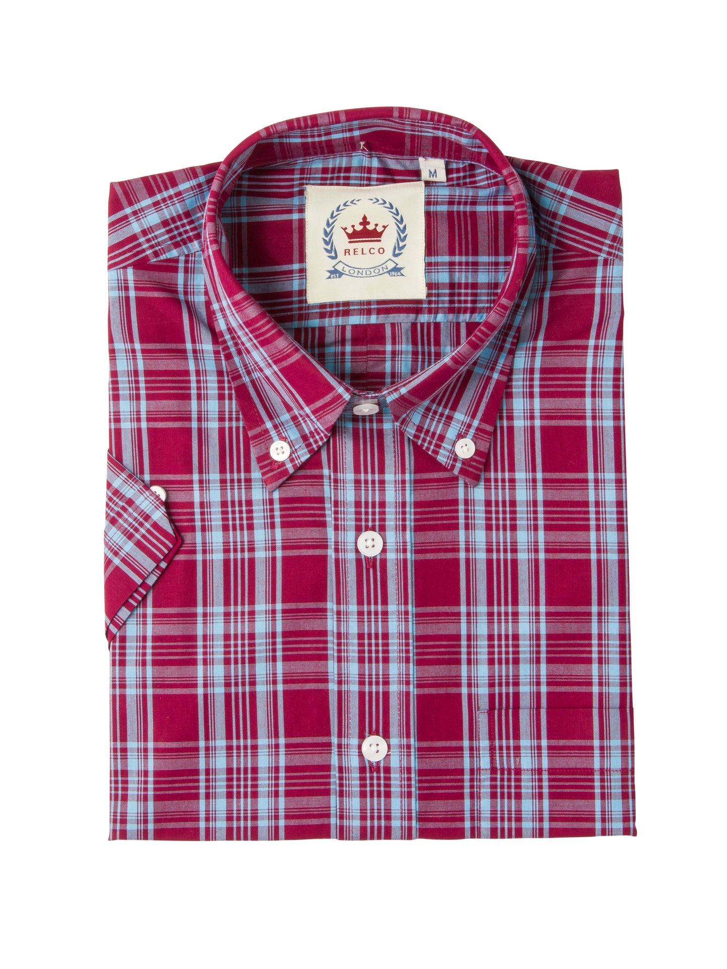 Relco Mens Burgundy/Sky Blue Multi Check Short Sleeved Button Down Shirts