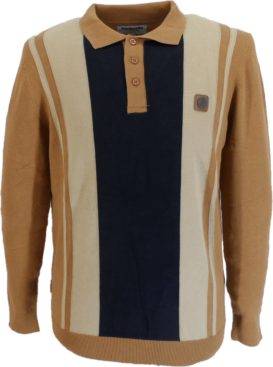 Lambretta Mens Tobacco Brown /Navy Striped Knitted Polo Shirt
