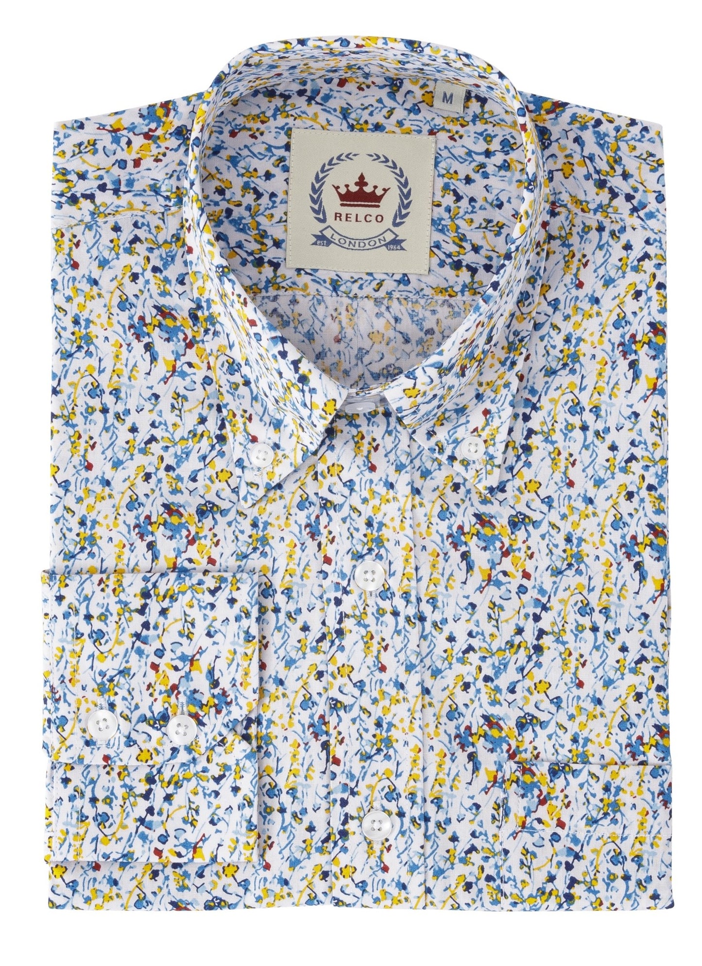 Relco Yellow/Blue Floral Long Sleeved Retro Mod Button Down Shirt