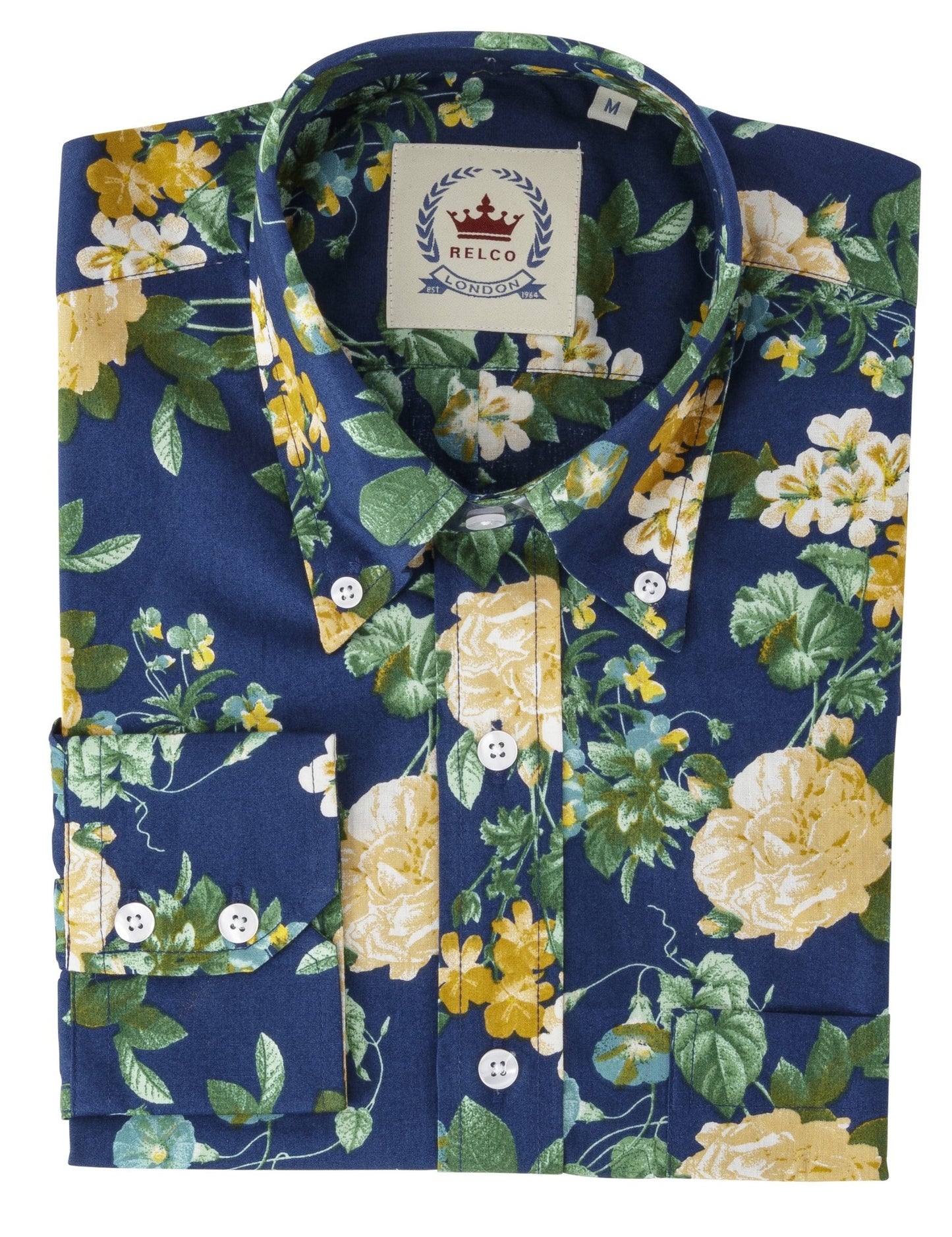 Relco Blue Floral Long Sleeved Retro Mod Button Down Shirt