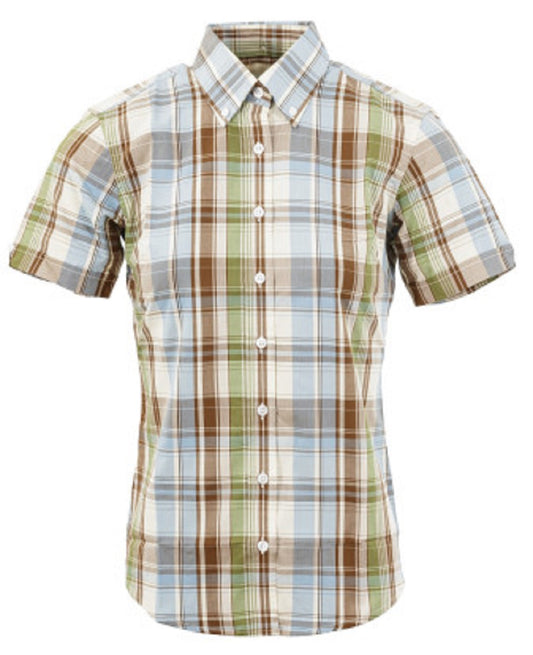 Relco Ladies Retro Sky,Green & Brown Check Button Down Short Sleeved Shirts