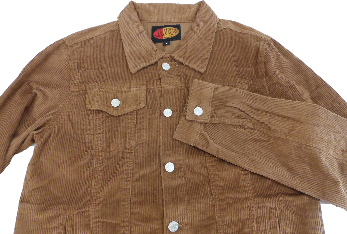 A brown corduroy jacket with silver snap buttons, laid flat against a white background.