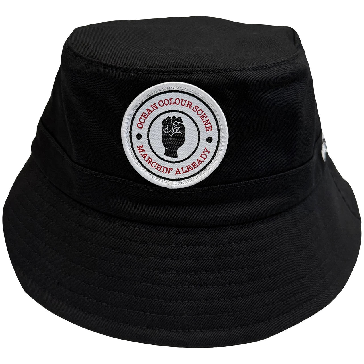 A black bucket hat featuring a circular embroidered patch on the front with a raised fist graphic and the text 'OCEAN COLOUR SCENE' and 'MARCHIN' ALREADY'.