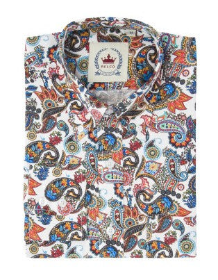 Colorful paisley patterned shirt with a brand label on a white background