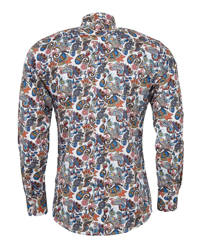 Colorful paisley patterned shirt on a white background