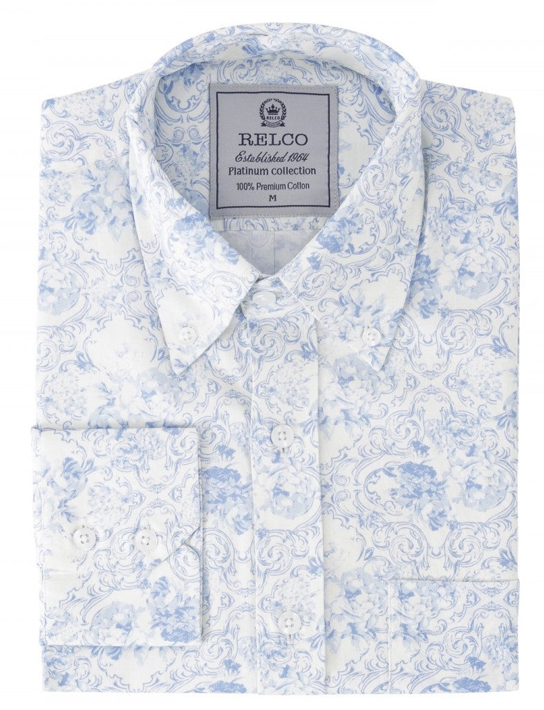 Relco Platinum Mens White Blue Floral Button Down Shirts