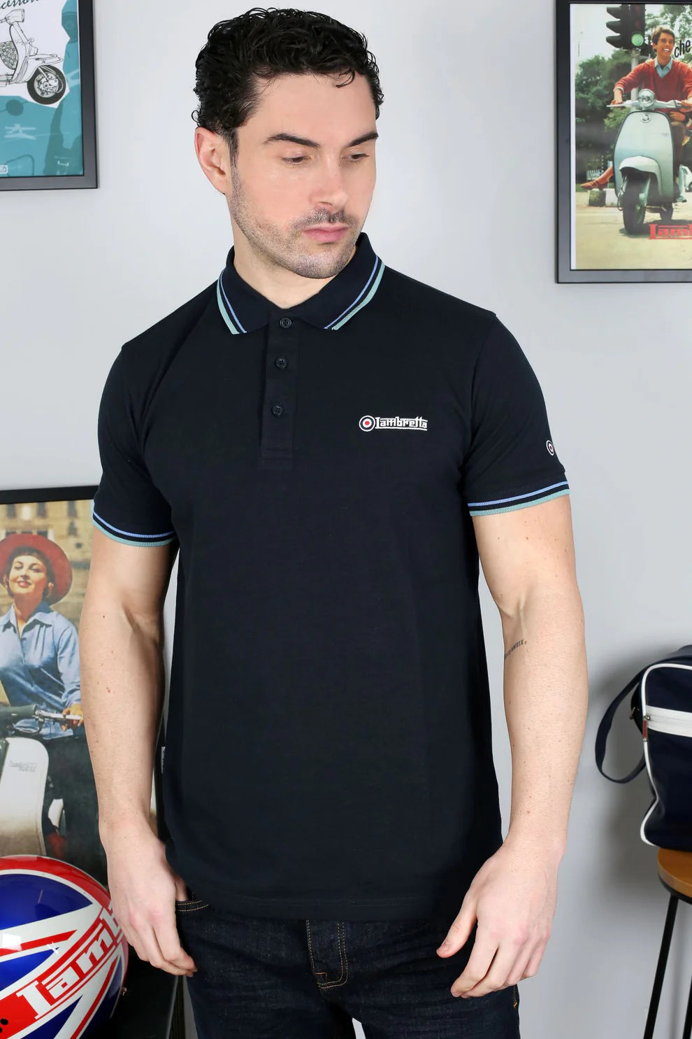 Lambretta Men`s Navy Blue Blue Tipped Tipped 100% Cotton Polo Shirts