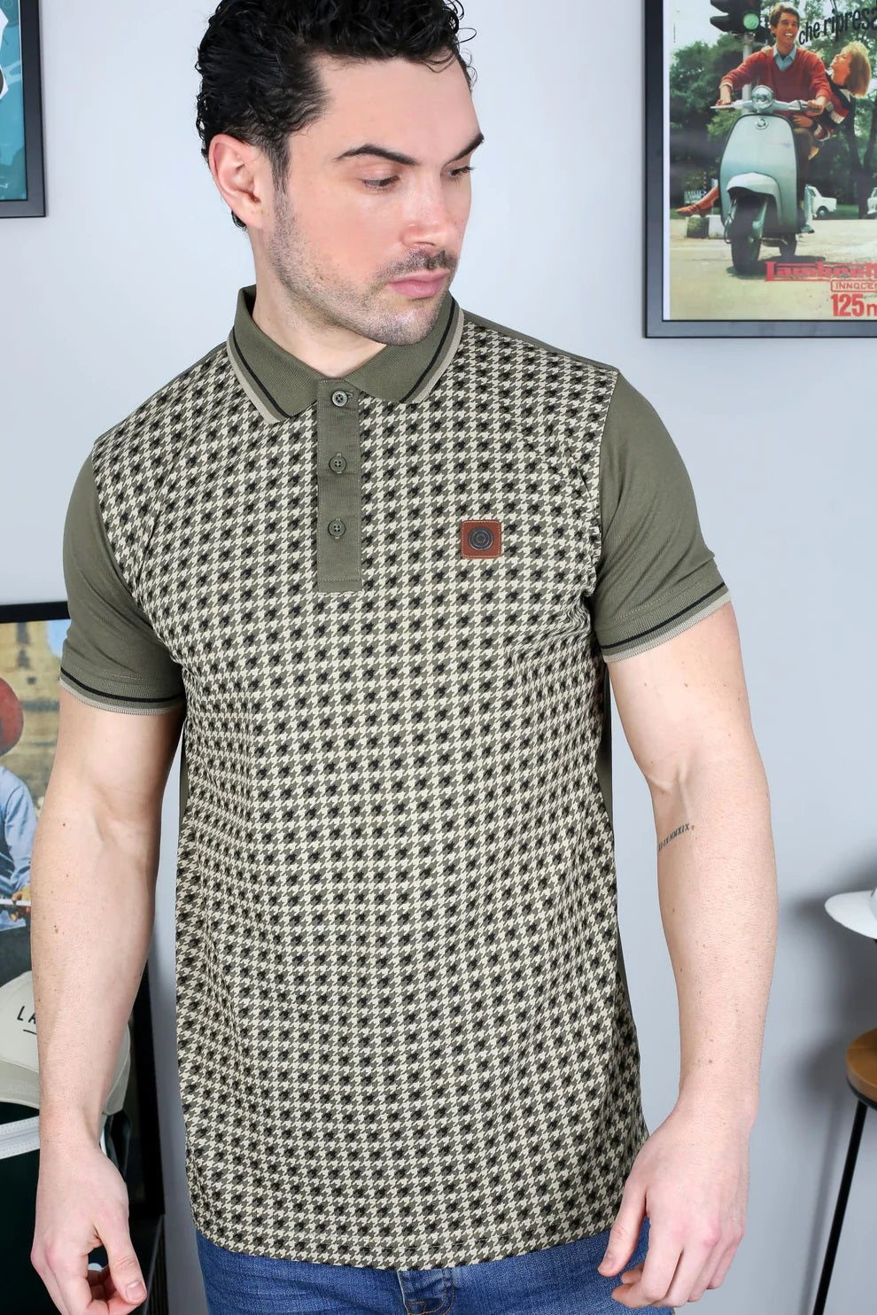 Lambretta Mens Khaki Green Houndstooth Print Cotton Polo Shirts