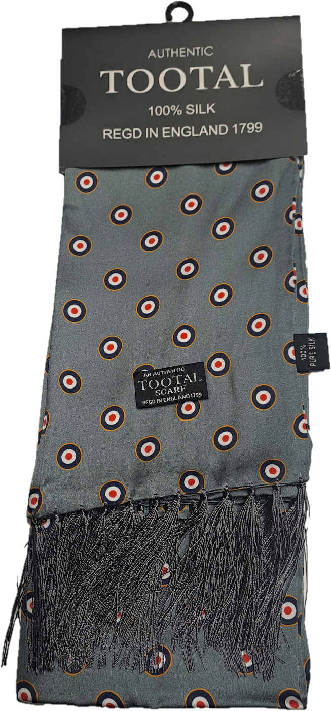 Silk scarf with target pattern and Tootal branding on packaging