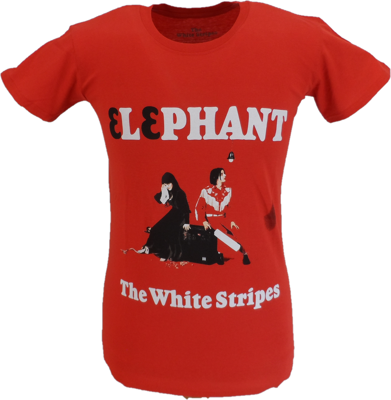 Red t-shirt with 'Elephant' and 'The White Stripes' design on a white background