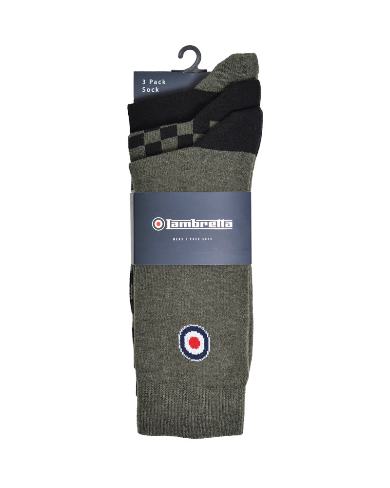 Lambretta Mens 3 Pair Khaki/Black Pack of Retro Socks