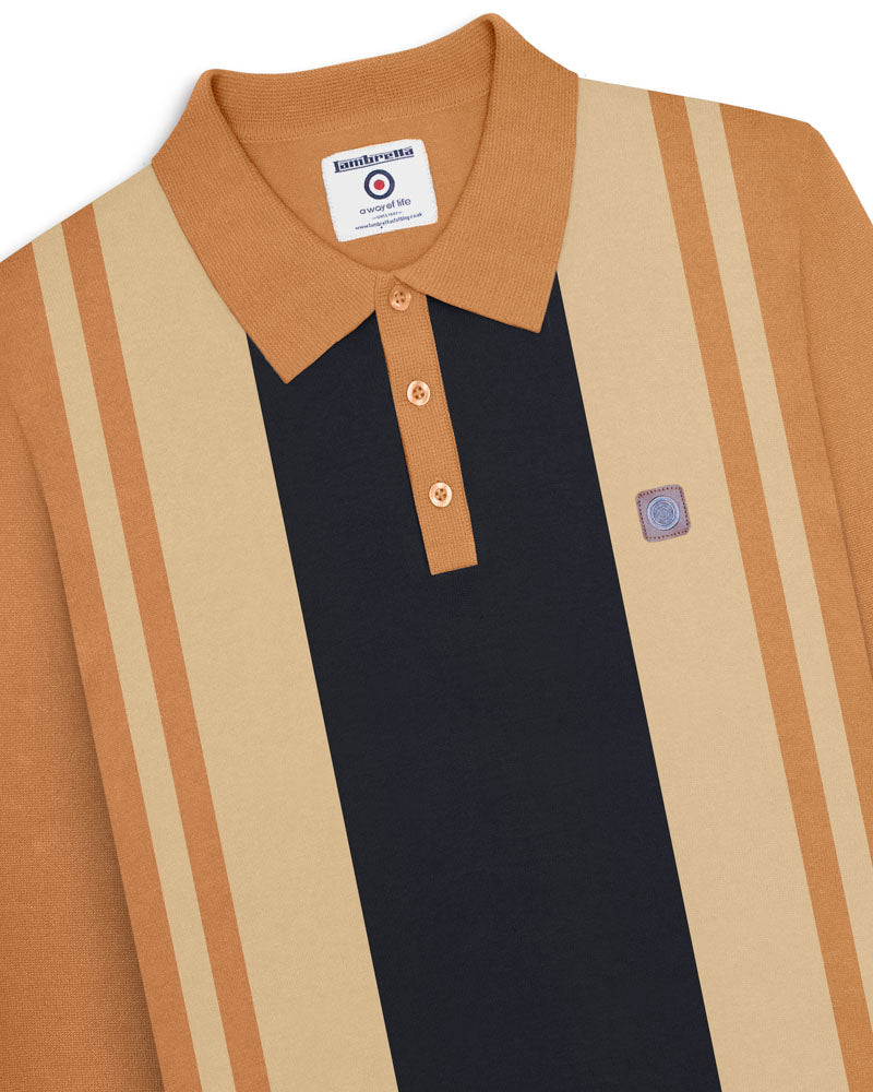 Lambretta Mens Tobacco Brown /Navy Striped Knitted Polo Shirt