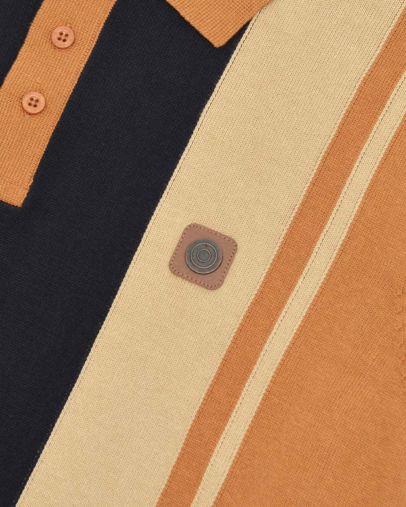 Lambretta Mens Tobacco Brown /Navy Striped Knitted Polo Shirt
