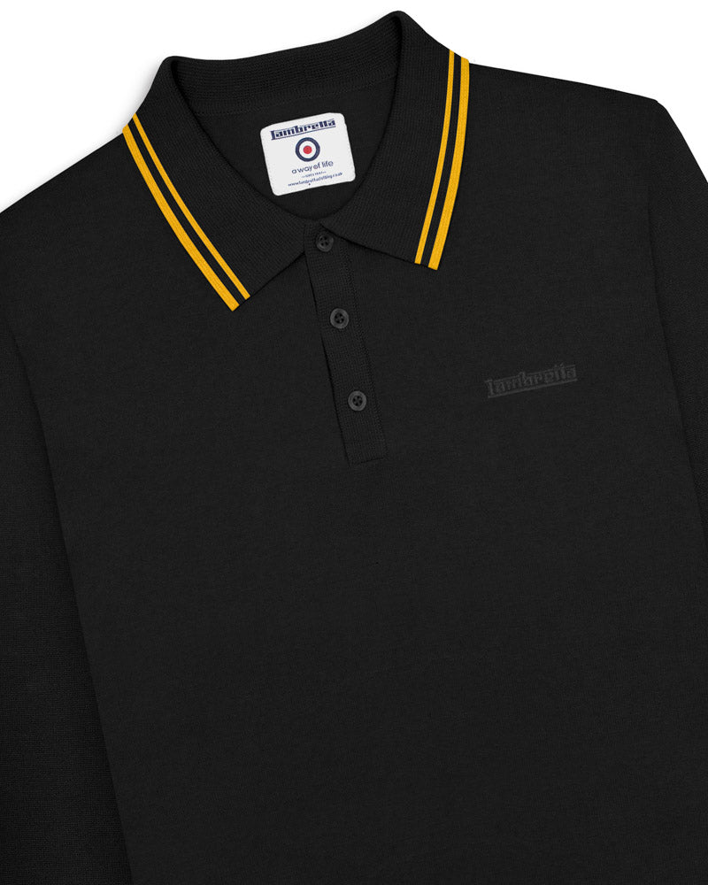 Lambretta Mens Black Gold Tipped Collar Knitted Polo Shirt