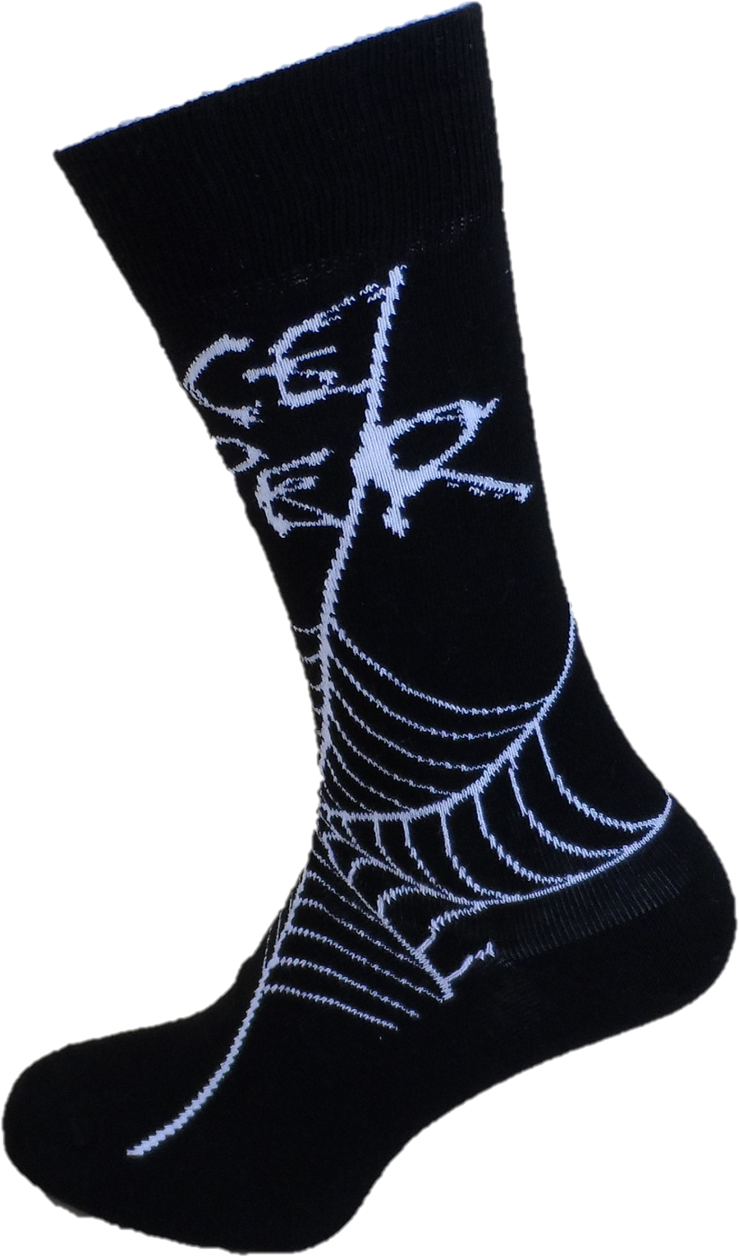 Black sock with white spider web and skull design on a white background