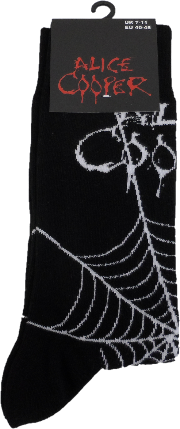 Black sock with white spider web design and Alice Cooper logo on packaging