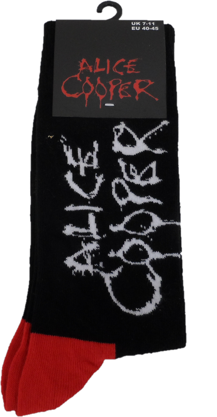 Black socks with white 'Alice Cooper' logo and red accents on a white background