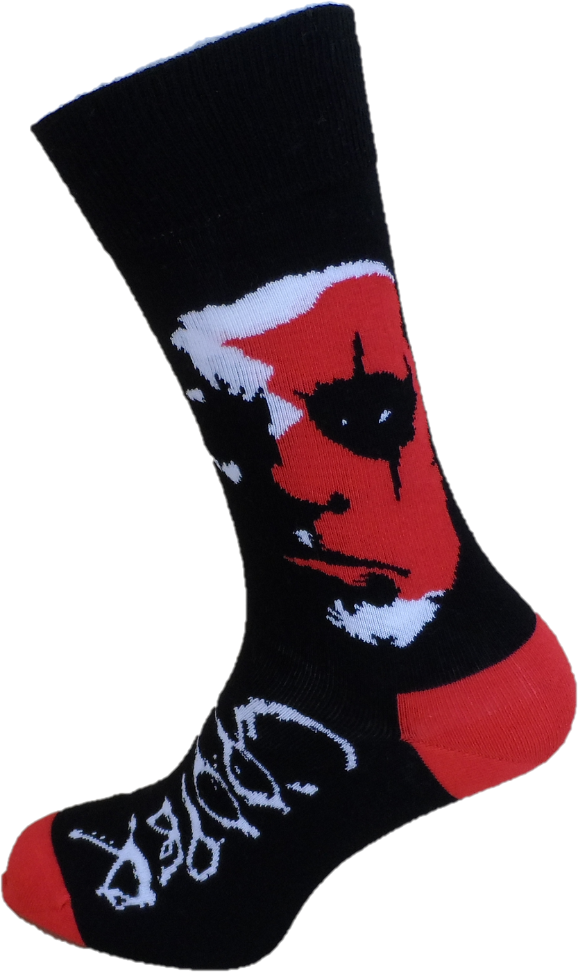 Black sock with red and white design on a white background