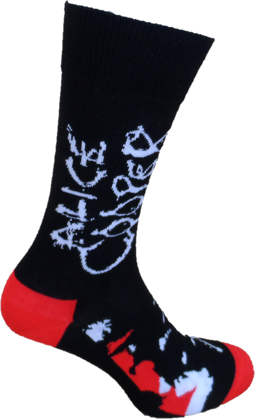 Black sock with red accents and white text on a white background