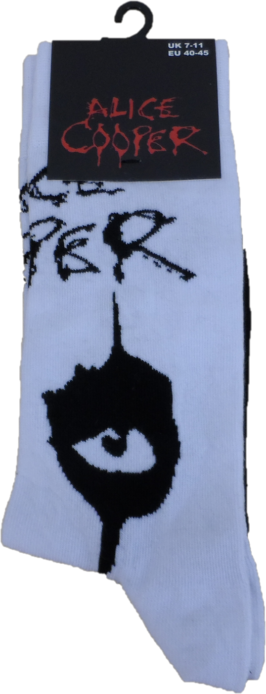 White sock with black graphic design and 'Alice Cooper' branding on a white background
