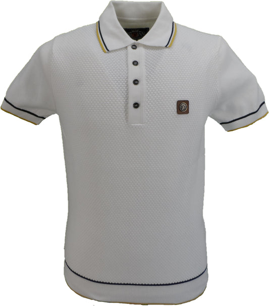 Trojan Mens Ecru/Black/Gold Textured Fine Gauge Knitted Polo Shirt