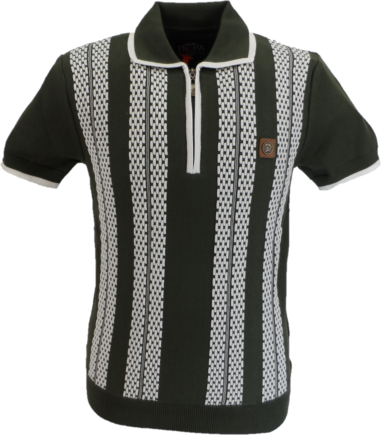 Trojan Mens Army Green Zip Stripe Fine Gauge Zipped Knitted Polo Shirt