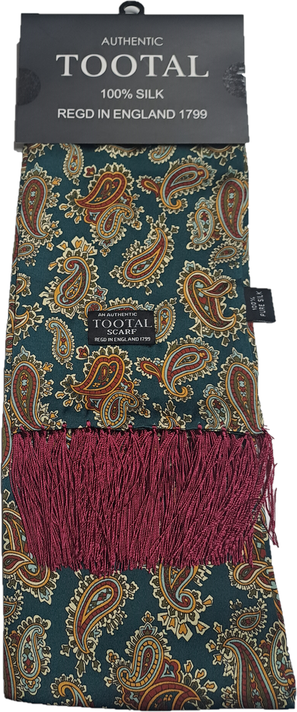 Paisley patterned scarf with fringes and 'Tootal' branding on packaging