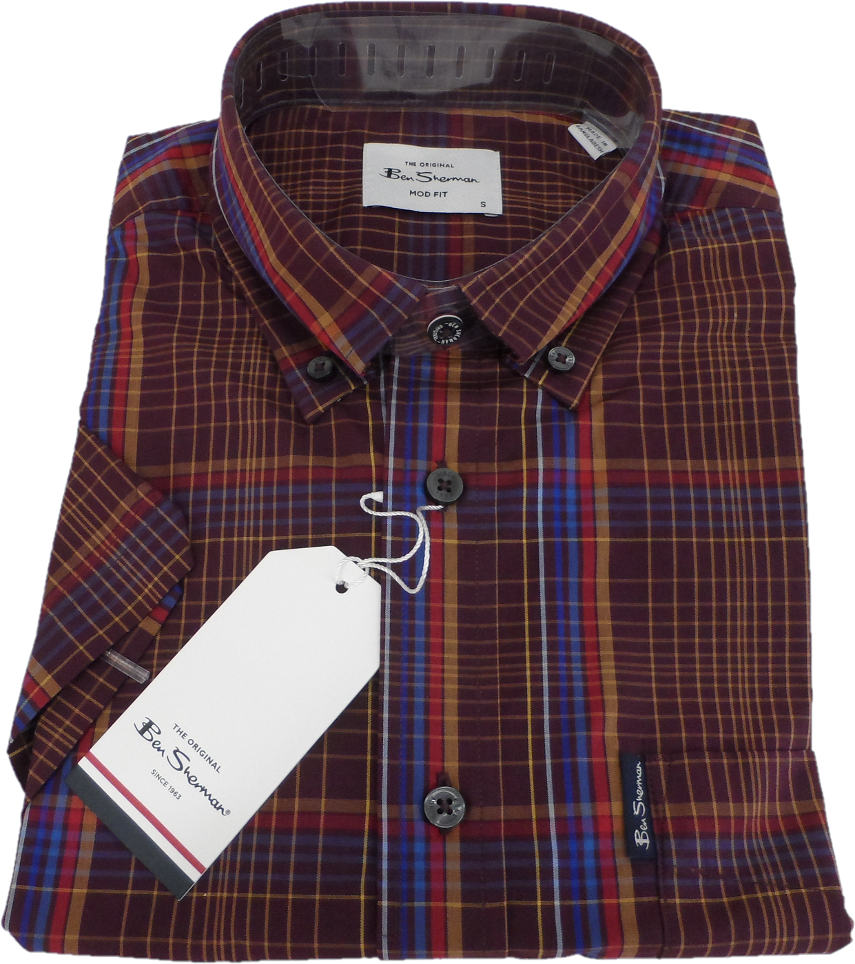 Ben Sherman Mens Dark Wine Checked Short Sleeved Shirt