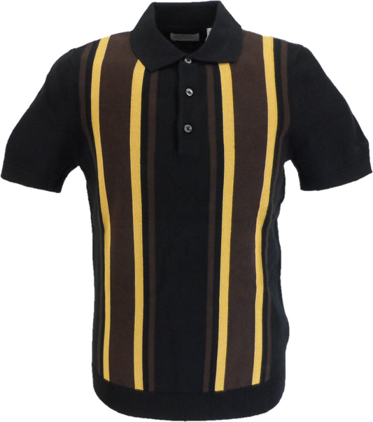 Black polo shirt with brown and yellow vertical stripes on a white background