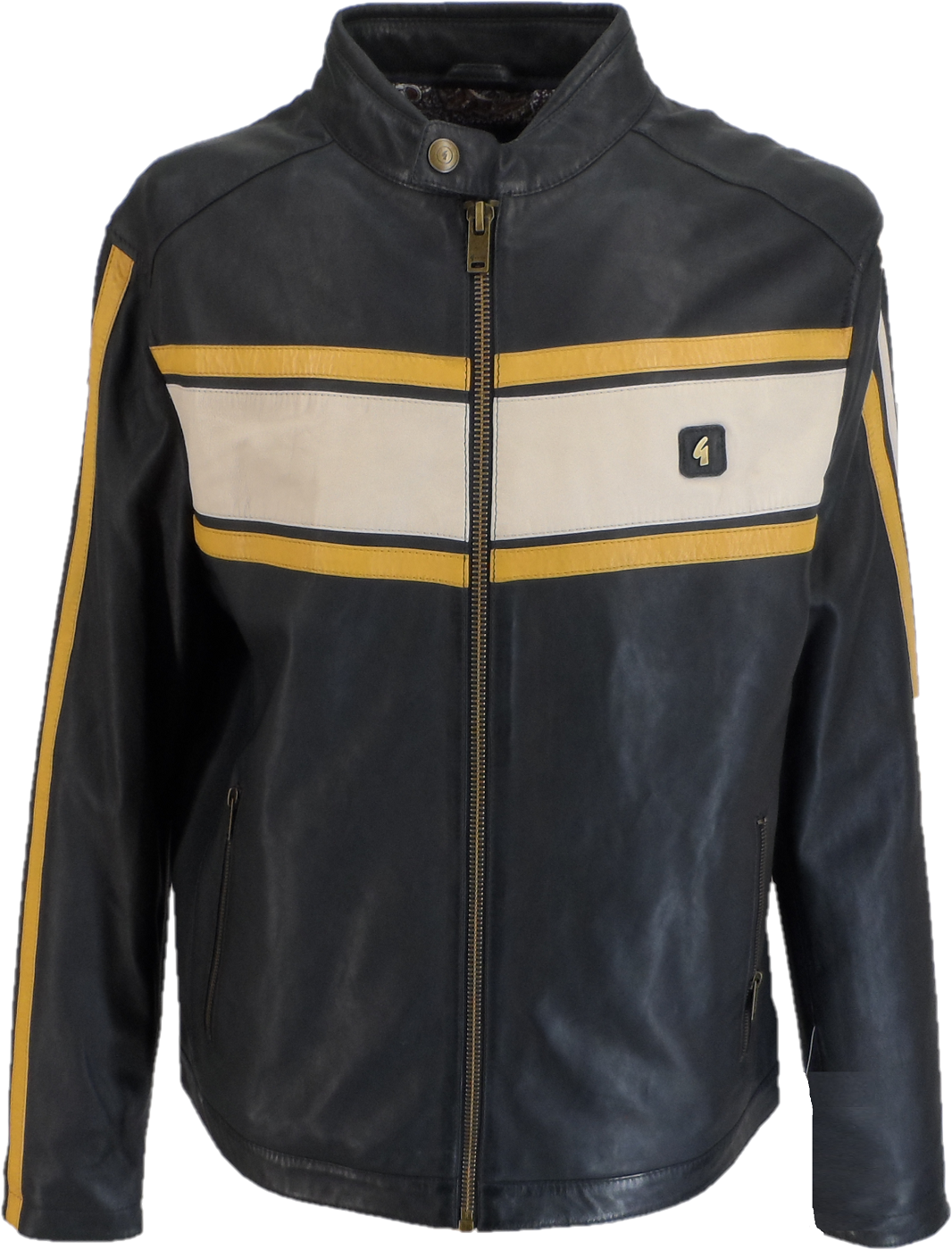 Gabicci Mens Lambaert Navy/White/Gold Leather Rally Jacket – Mazeys UK