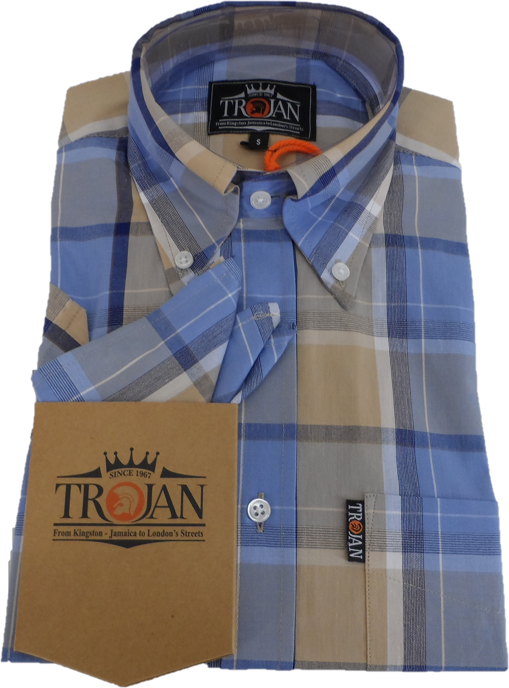 Trojan Mens Powder Blue Check Short Sleeved Shirts and Pocket Square