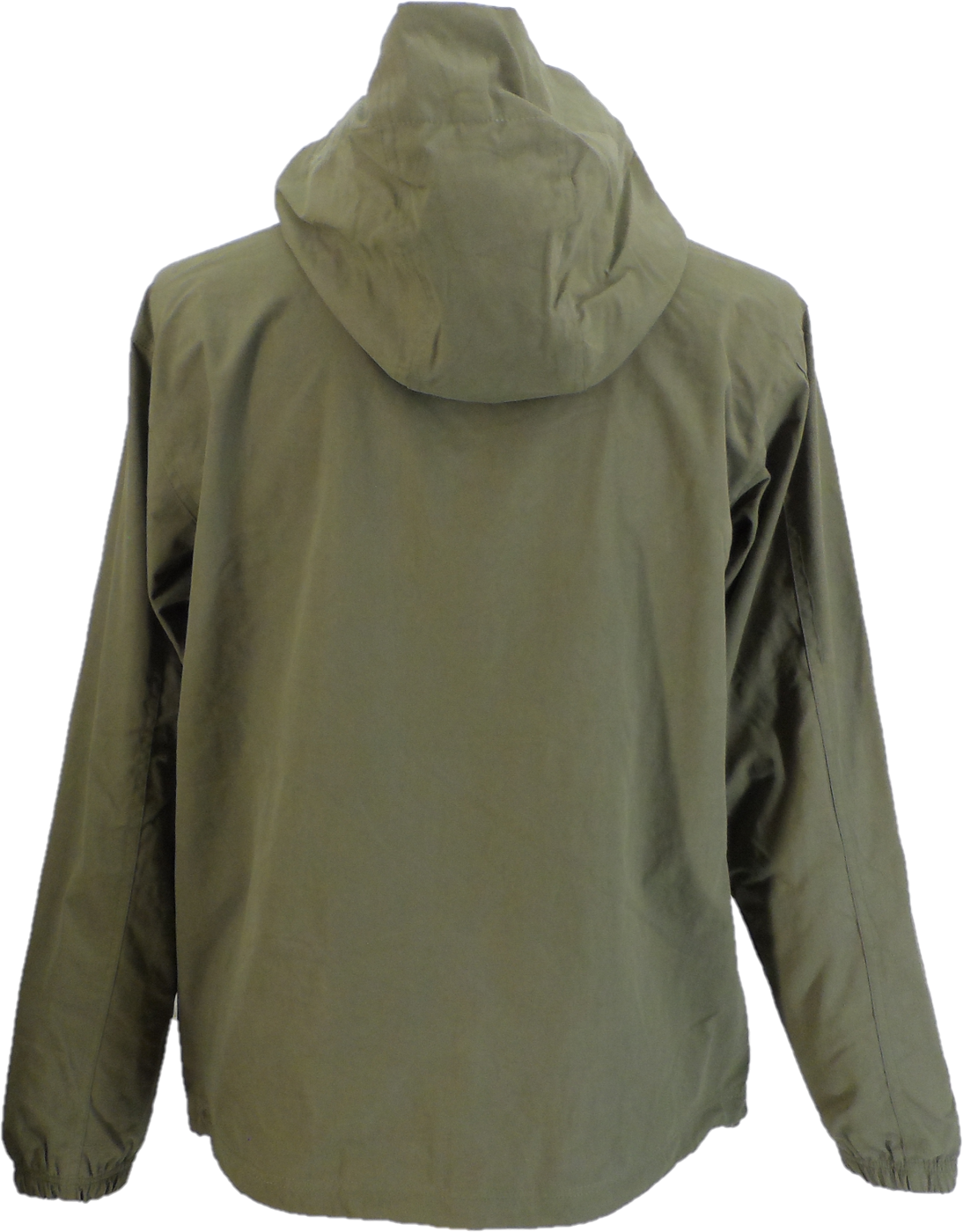 An olive green hooded jacket shown from the back, photographed against a plain white background.