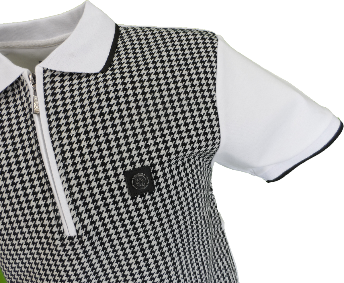 Trojan Mens White Mono Houndstooth Zip Polo Polo Shirt