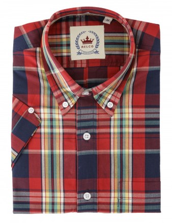 Relco Mens Red Multi Check Short Sleeved Vintage/Retro Button Down Shirts