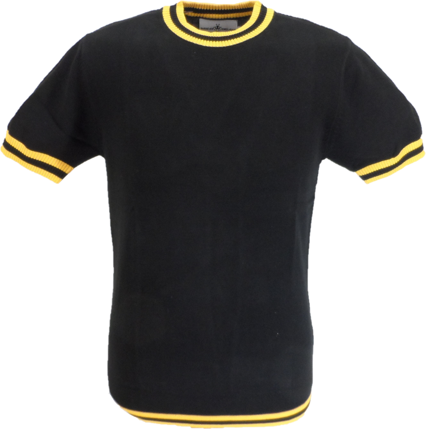 Madcap England Mens Black/Gold Stripe Short Sleeve Mod Knit Jumper